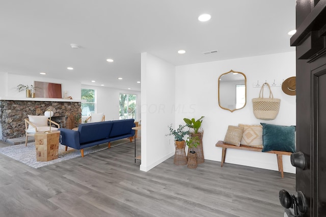 interior space featuring hardwood / wood-style flooring and a fireplace