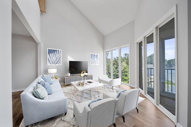 living room with wood-type flooring and high vaulted ceiling