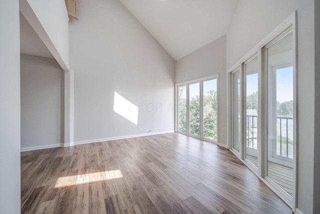 interior space with hardwood / wood-style floors and high vaulted ceiling