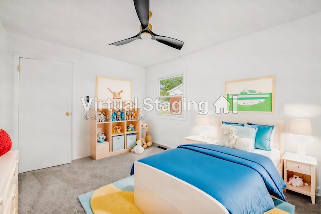 carpeted bedroom with ceiling fan