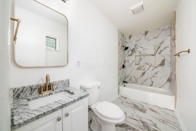 full bathroom featuring vanity, tiled shower / bath combo, and toilet