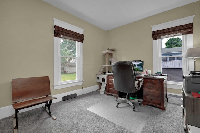 office space featuring plenty of natural light and light colored carpet