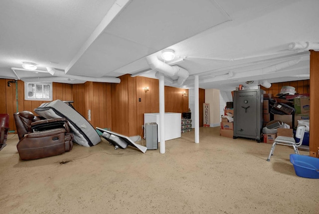 basement featuring wood walls