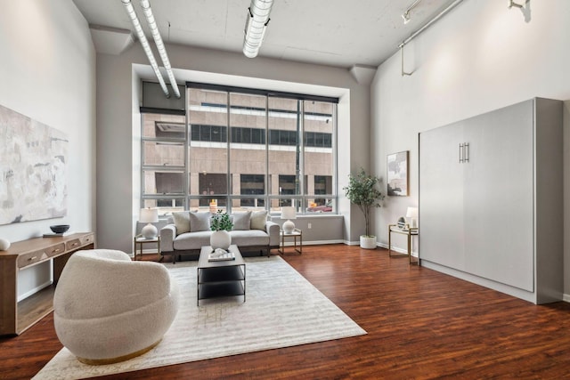 living room featuring a high ceiling, dark hardwood / wood-style flooring, and a wealth of natural light