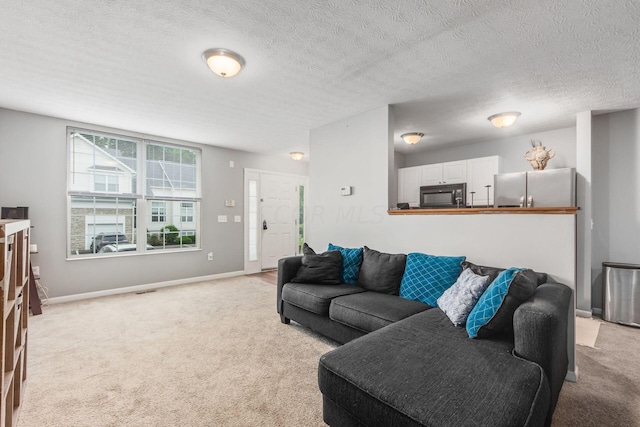 living room featuring a textured ceiling and light colored carpet