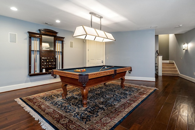 recreation room featuring dark wood-type flooring and billiards