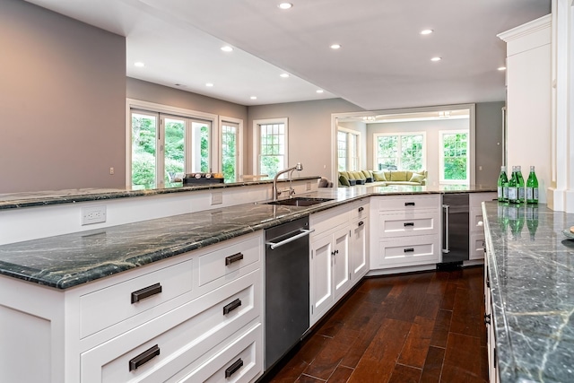 kitchen with white cabinets, a healthy amount of sunlight, sink, and dark wood-type flooring