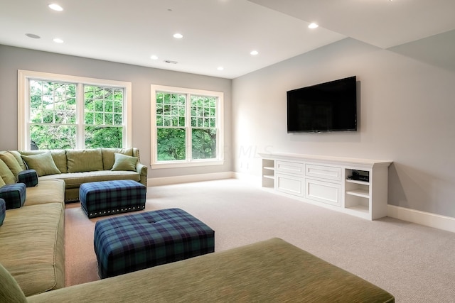 living room with light colored carpet