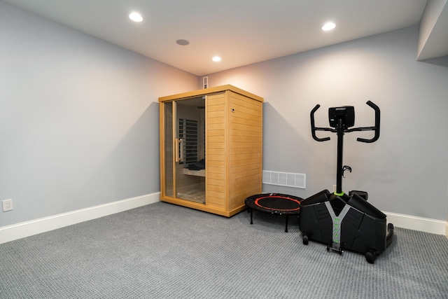 workout area featuring carpet floors