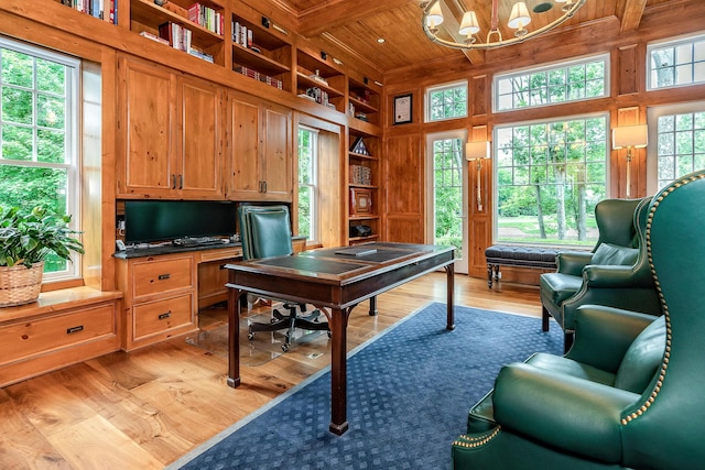 office space featuring built in desk, beamed ceiling, a notable chandelier, light hardwood / wood-style floors, and wood ceiling