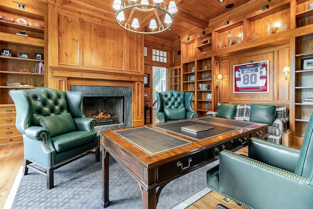 home office with built in shelves, wooden ceiling, a tile fireplace, and light hardwood / wood-style flooring