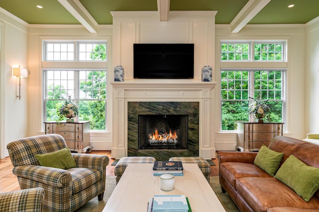 living room with beamed ceiling, a healthy amount of sunlight, wood-type flooring, and a fireplace