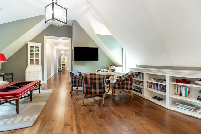 office area featuring hardwood / wood-style flooring and lofted ceiling