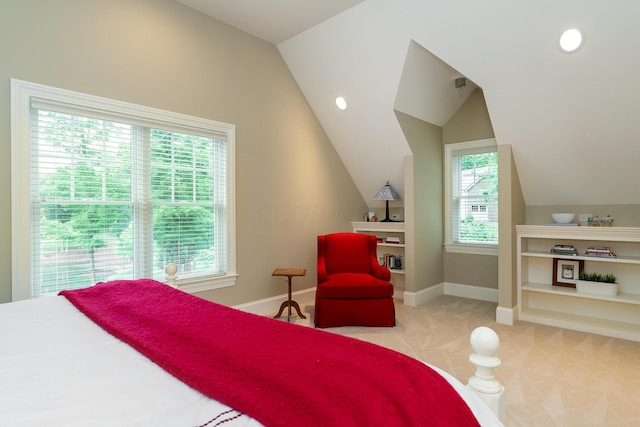 carpeted bedroom featuring lofted ceiling