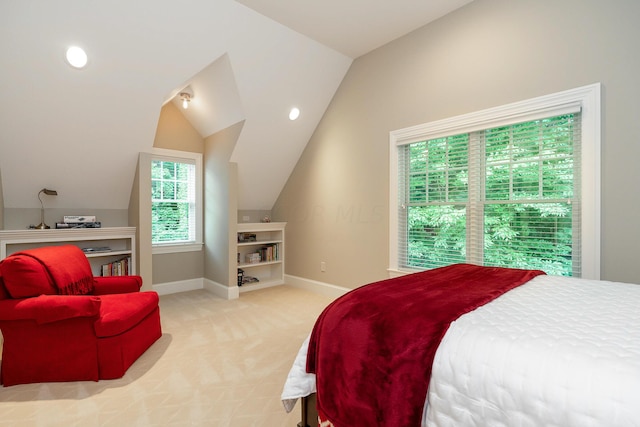 bedroom with lofted ceiling and light carpet