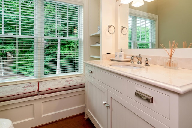 bathroom with hardwood / wood-style floors and vanity