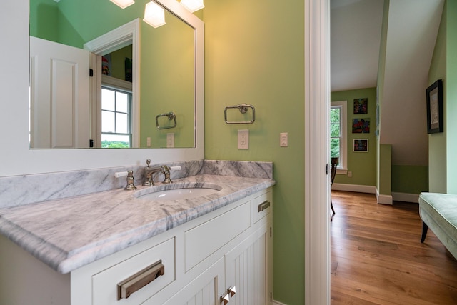 bathroom featuring a wealth of natural light, hardwood / wood-style floors, and vanity