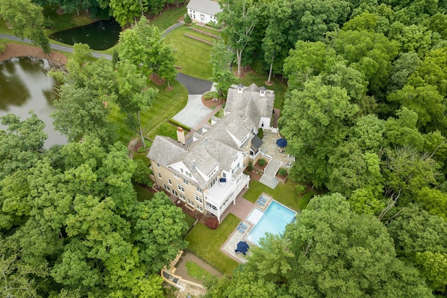 drone / aerial view featuring a water view