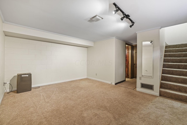 basement featuring light colored carpet, track lighting, and ornamental molding