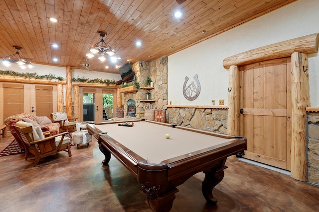 playroom featuring wood ceiling, billiards, and french doors