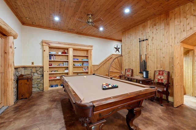 17441 Keister Rd, Laurelville, OH 43135 - playroom with concrete floors, wooden walls, pool table, ceiling fan, and recessed lighting