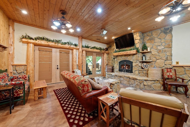 17441 Keister Rd, Laurelville, OH 43135 - living room with wooden ceiling, a stone fireplace, vaulted ceiling, recessed lighting, and french doors