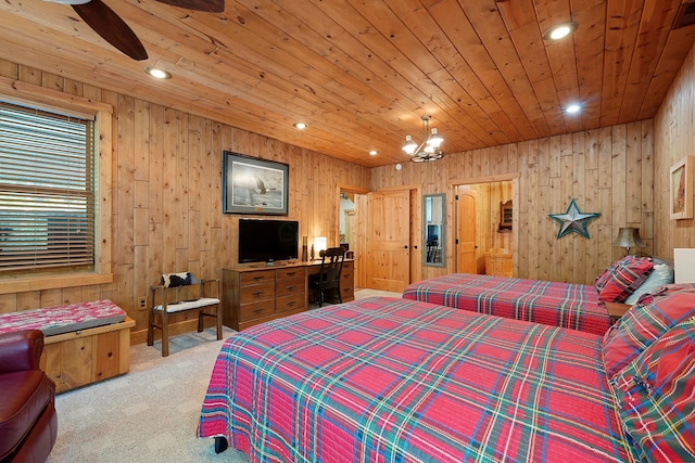 bedroom with carpet, ceiling fan with notable chandelier, wood ceiling, and wooden walls