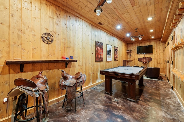 17441 Keister Rd, Laurelville, OH 43135 - playroom featuring wood walls, wood ceiling, finished concrete flooring, pool table, and recessed lighting