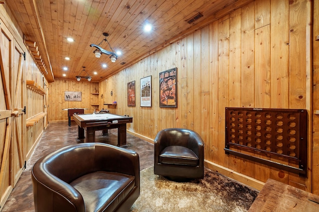 17441 Keister Rd, Laurelville, OH 43135 - playroom with wood walls, billiards table, wooden ceiling, and recessed lighting