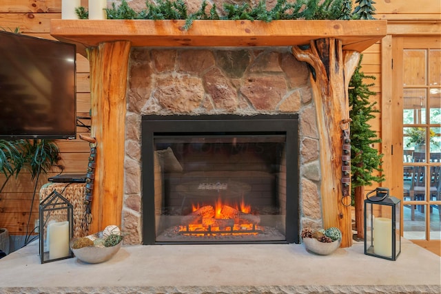 room details featuring an outdoor stone fireplace