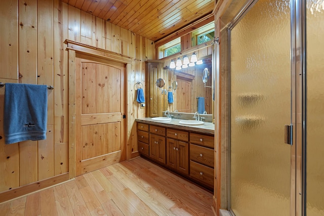 bathroom featuring wood walls, wood-type flooring, a shower with door, and wooden ceiling