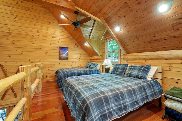 bedroom featuring lofted ceiling, wood walls, wood-type flooring, and wooden ceiling