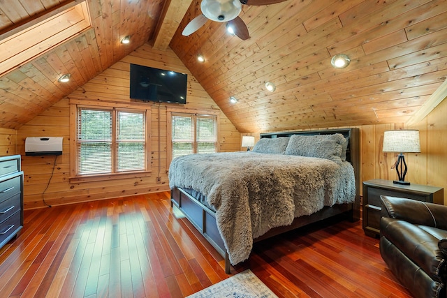 bedroom with wood ceiling, ceiling fan, lofted ceiling with beams, dark hardwood / wood-style floors, and wood walls