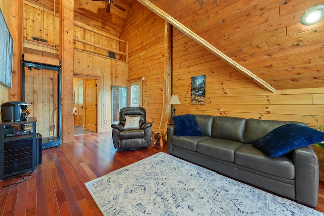 living room with ceiling fan, high vaulted ceiling, dark hardwood / wood-style floors, wooden walls, and wood ceiling