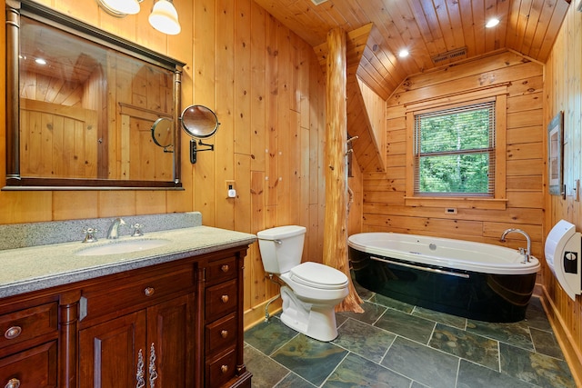 bathroom with toilet, vaulted ceiling, wooden walls, and wood ceiling