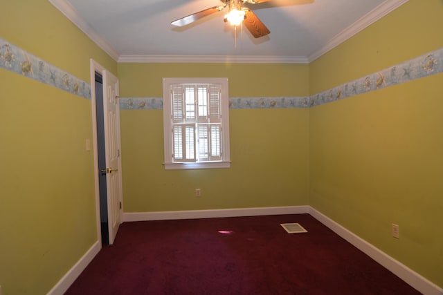 spare room with carpet floors, ceiling fan, and crown molding