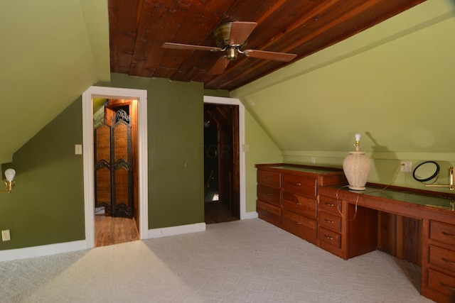 bonus room with ceiling fan, light carpet, vaulted ceiling, and wooden ceiling