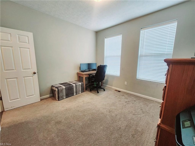 carpeted office featuring a textured ceiling