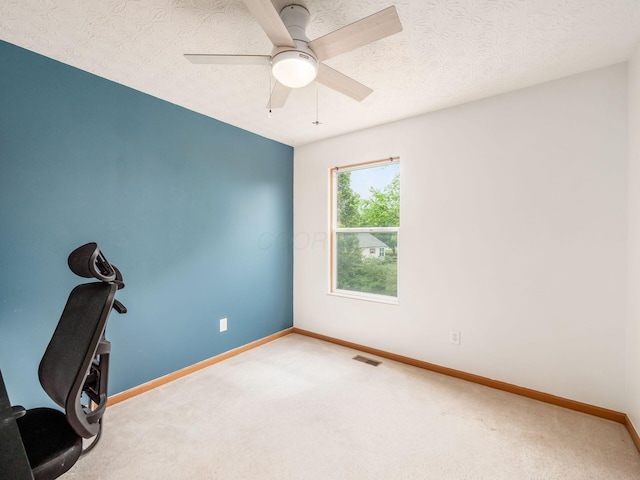 2124 Ripple Rd, Hilliard, OH 43026 - unfurnished office featuring baseboards, carpet flooring, a ceiling fan, and a textured ceiling