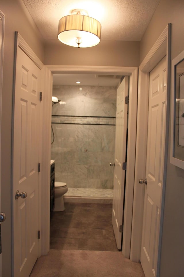 bathroom featuring vanity, toilet, a shower, and a textured ceiling