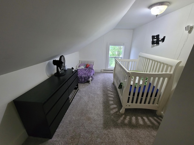 bedroom featuring a crib, dark carpet, and vaulted ceiling