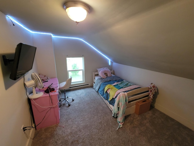 bedroom with a baseboard heating unit, carpet floors, and vaulted ceiling