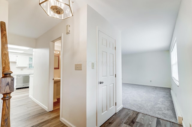 hall with light hardwood / wood-style floors and a baseboard radiator