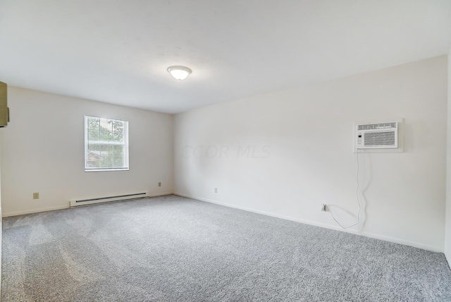 carpeted empty room featuring a wall mounted AC and a baseboard heating unit