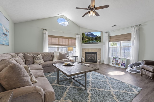 living room with dark hardwood / wood-style floors, a healthy amount of sunlight, and lofted ceiling