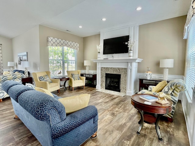 living room with a large fireplace and wood-type flooring