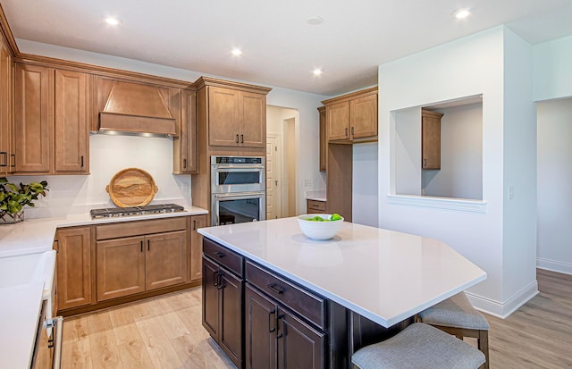 9931 Glenfield Ct Lot 37, Plain City, OH 43064 - kitchen with custom exhaust hood, a kitchen breakfast bar, light wood-style flooring, and stainless steel appliances