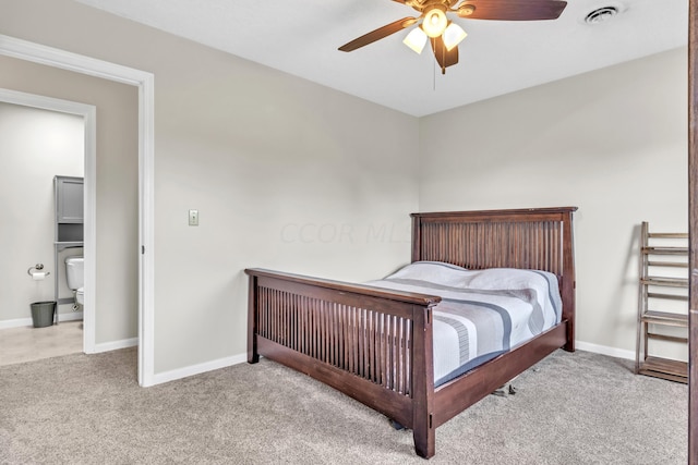 bedroom featuring ceiling fan and light colored carpet