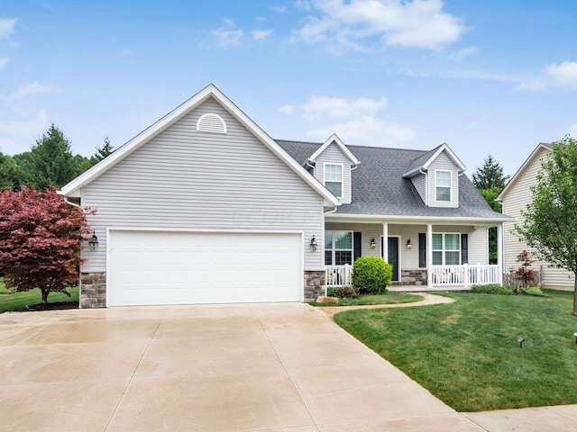 cape cod home with a front lawn, covered porch, and a garage