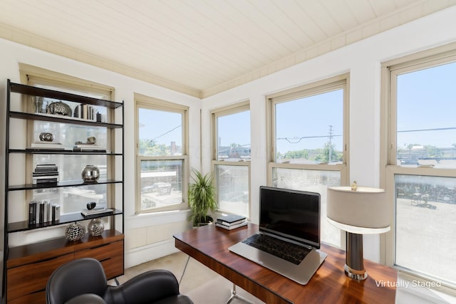 office space with wood ceiling